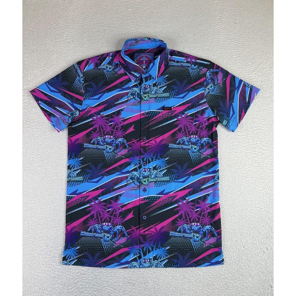 Retro Rifle Shirt Mens Medium Blue Shell Shocked Crab Short Sleeve Button Up